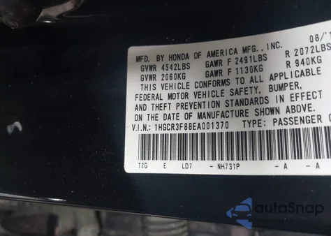 2014 Honda Accord Ex-L V-6 from USA, damaged, VIN 1HGCR3F88EA001370